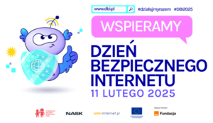 Animowana postać po lewej stronie plakatu. Obok napis wspieramy dzień bezpiecznego internetu 2025