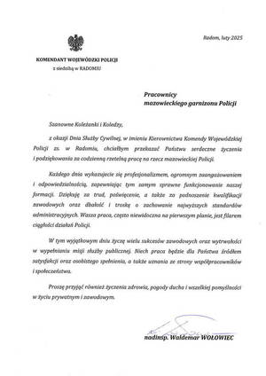 List Komendanta Wojewódzkiego Policji z siedzibą w Radomiu z okazji Dnia Służby Cywilnej