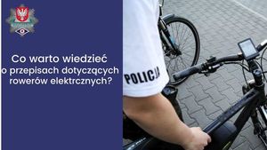 Na zdjęciu widać kawałek policjanta w białej koszulce i obok rower. Z boku znajduje się napis: Co warto wiedzieć o przepisach dotyczących „elektryków”?