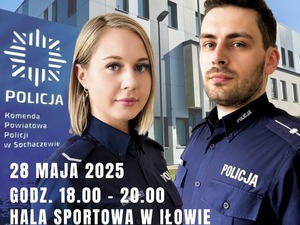 Plakat przedstawia policjantów i informacja, że próbny test odbędzie się 28 maja 2025 roku i hali sportowej w Iłowie