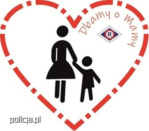 Serce a w nim mama trzymająca dziecko za rękę. Napis dbamy o mamy