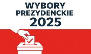 Na biało-czerwonym tle widać dłoń wrzucającą kartkę do urny. Napis Wybory prezydenckie 2025