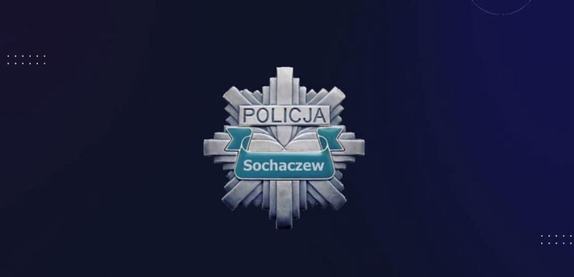 Logo Policji w kształcie ośmioramiennej gwiazdy z napisem w środku Sochaczew