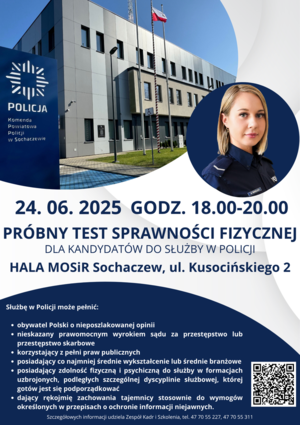 Plakat informujący o próbnym teście sprawności fizycznej, który odbędzie się 24 czerwca w godz. 18.00-20.00 w hali MOSIR w Sochaczewie przy ul. Kusocińskiego 2