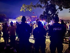 Policjanci stoją tyłem, a w tle miejsce imprezy