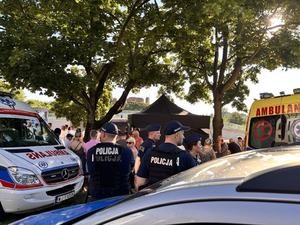 Policjanci stoją tyłem, a w tle miejsce imprezy