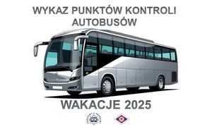 Autokar na nad nim napis Wykaz punktów kontroli autobusów. Pod spodem wakacje 2025