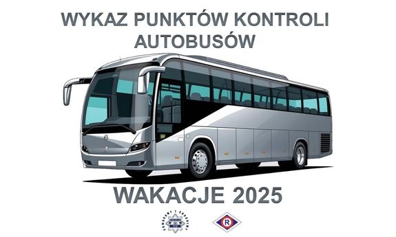Autokar na nad nim napis Wykaz punktów kontroli autobusów. Pod spodem wakacje 2025