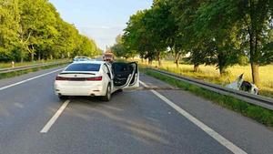 Rozbite auto na drodze, drugie leży w rowie. W oddali radiowóz i pojazd służby drogowej