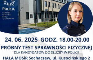 Informacja, że próbny test sprawności odbędzie się 24 czerwca w godzinach 18.00-20.00 w hali MOSIR.