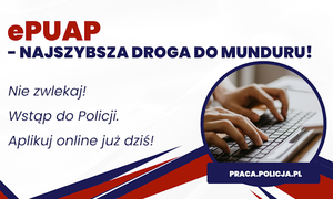 Ręce nad klawiaturą komputera. Napis E-PUAP - najszybsza droga do munduru