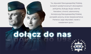 Policjantka i policjant. Napis dołącz do nas