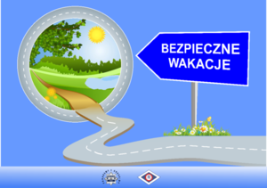 Kierunkowskaz z napisem bezpieczne wakacje. Obok droga prowadząca do widoku z drzewem i wodą