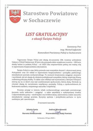 List gratulacyjny od Starosty Sochaczewskiego