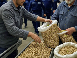Mężczyźni pakujący pistacje do worków