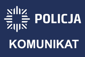 Granatowe tło z logo Policji w kształcie ośmioramiennej gwiazdy. Napis Policja Komunikat