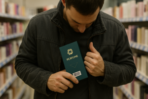 Mężczyzna chowa kartonowe opakowanie z perfumami pod kurtkę
