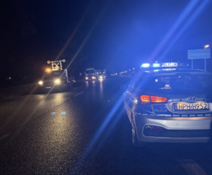 Radiowóz z włączonymi sygnałami niebieskimi na dachu radiowozu stoi na drodze