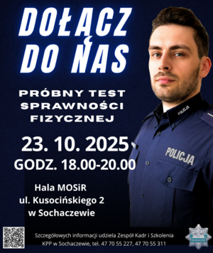 Plakat z policjantem i informacją, że próbny test sprawności fizycznej odbędzie się 23 października