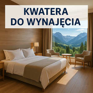 Pokój hotelowy z widokiem na góry. Napis kwatera do wynajęcia