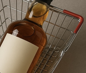 Butelka whisky leżąca w koszyku sklepowym