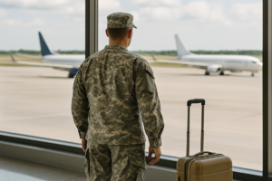 Żołnierz stojący na lotnisku widziany od tyłu. Patrzy na płytę lotniskową na które stoją samoloty. Obok stoi walizka