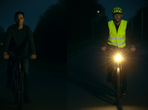 Porównanie dwóch rowerzystów. Widoczny rowerzysta w jaskrawym kasku i odblaskowej kamizelce na oświetlonym rowerze i niewidoczny rowerzysta bez tych elementów.