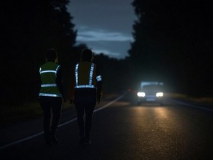Dwie osoby ubrane w kamizelki z elementem odblaskowym idą poboczem. W dali widać nadjeżdżający samochód.
