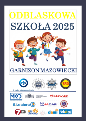 Grafika przedstawiająca skaczące dzieci i napis odblaskowa szkoła 2025 garnizon mazowiecki
