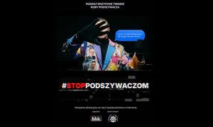 Człowiek zasłaniający twarz i napis #stoppodszywaczom