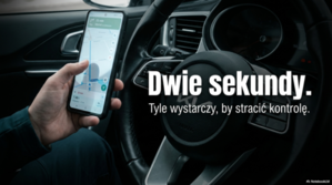 Grafika przedstawia osobę,  która siedzi w aucie i dłoni trzyma telefon komórkowy. Obok napis Dwie sekundy. Tyle wystarczy, by stracić kontrolę