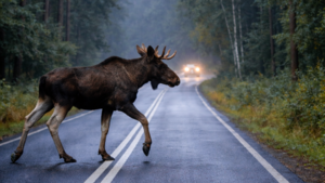 Łoś przechodzący przez jezdnię. Za nim widać nadjeżdżający samochód