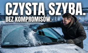 Mężczyzna oczyszczający szybę w aucie. Napis czysta szyba. bez kompromisów