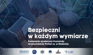 Osoba nad laptopem i napis bezpieczni w każdym wymiarze