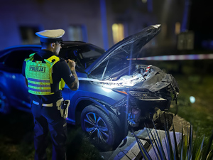 Policjant stoi przy rozbitym lexusie