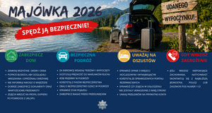 Plakat przedstawia samochód nad wodą. Napis Majówka 2026 - spędź ją bezpiecznie. Poniżej dodano porady bezpieczeństwa