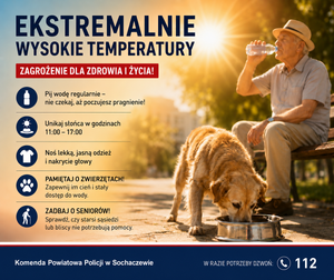 Mężczyzna i pies piją wodą. Napis ekstremalnie wysokie temperatury