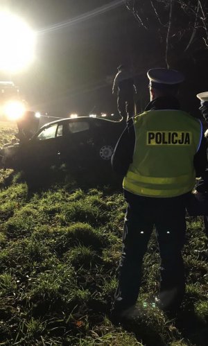 Stojący tyłem policjant w kamizelce odblaskowej, a w tle rozbity samochód
