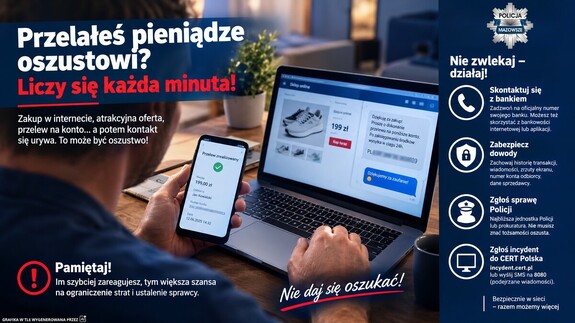 Grafika przedstawia osobę przy laptopie, która trzyma telefon w ręku, na wyświetlaczu telefonu widać potwierdzenie przelewu. Hasło brzmi: Przelałeś pieniądze oszustowi? Liczy się każda minuta! Plakat zaleca skontaktowanie się z bankiem, zabezpieczenie dowodów, zgłoszenie sprawy na Policję oraz incydentu do CERT Polska.