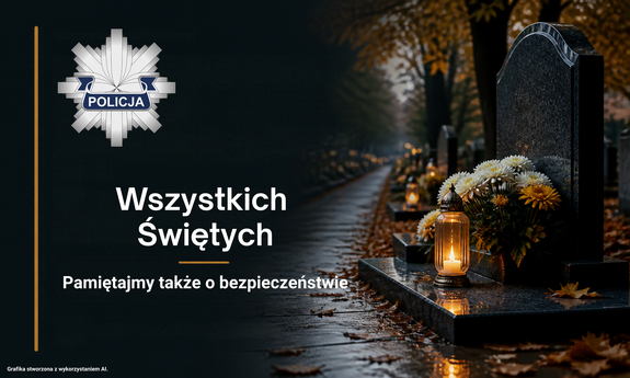 Grafika przedstawia mokrą, pokrytą jesiennymi liśćmi aleję, przy której stoi nagrobek ozdobiony kwiatami i zapalonym zniczem. Na grafice zamieszczono apel, by pamiętać o bezpieczeństwie podczas Wszystkich Świętych.