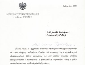 Życzenia insp. Waldemara Wołowca - Komendanta Wojewódzkiego Policji zs. w Radomiu z okazji Święta Policji