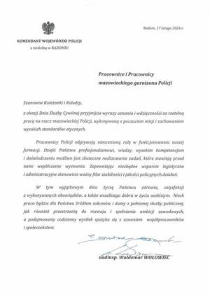 Życzenia Komendanta Wojewódzkiego Policji zs. w Radomiu z okazji Święta Służby Cywilnej