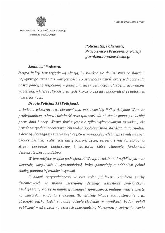 Życzenia Komendanta Wojewódzkiego Policji zs. w Radomiu z okazji Święta Policji