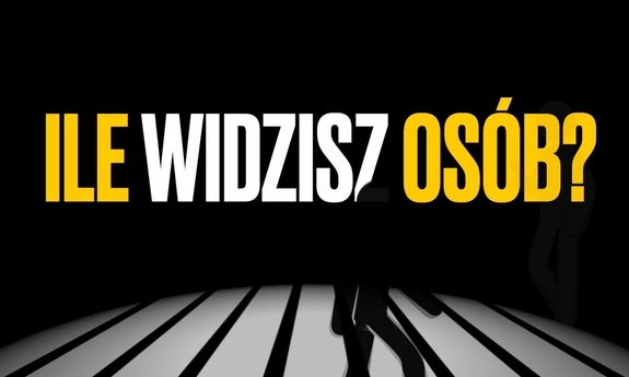 obraz na którym ciemne postacie przechodzą prze pasy z napisem ile widzisz osób