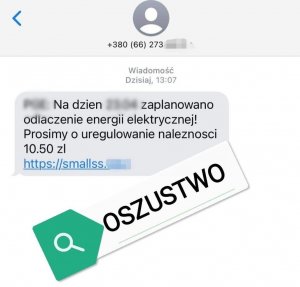 Wizualizacja treść fałszywego smsa.