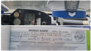 Zdjęcie podzielone na dwie części. Górna przedstawia ręczny miernik prędkości oraz czapkę policjanta WRD. Na dole jest mandat karny.