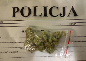 Marihuana w woreczku strunowym, a w tle napis policja.