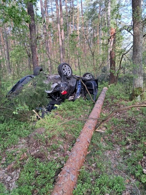 Tragiczny wypadek- kompleks leśny  Poręba. Opel leżący na dachu.