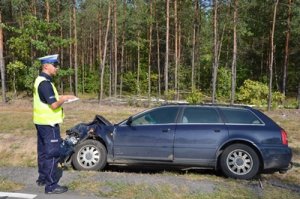 Policjant wykonujący czynności na miejscu zdarzenia drogowego