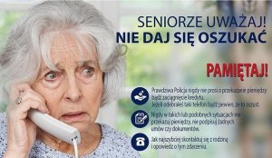 Seniorze Uważaj- Nie daj się oszukać  - wizualizacja z osobą starszą i zasadami